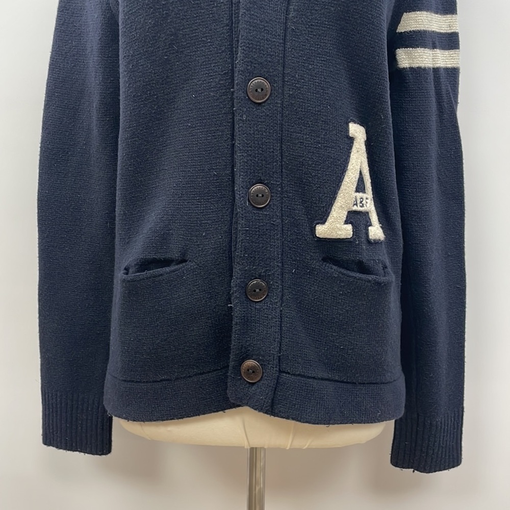 Abercrombie & Fitch Navy Cardigan with White Stripes & Letter Patch - Picture 3 of 9